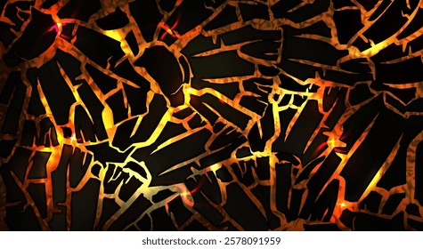 Hot lava under cracked ground. Vector realistic illustration of abstract game background with volcanic magma, burning fire and smoke seen through land fracture, hell top view, natural disaster effect