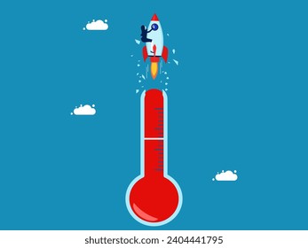 hot leader. Businesswoman riding a rocket flying through a broken mercury thermometer 