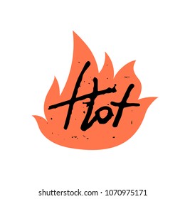 Hot, lettering in bonfire shape isolated on white background. Offer/sale/discount promotion sticker. Burning flame symbol with text. Attention sign. Gread deal. Shop logotype. Barbecue/campfire emblem