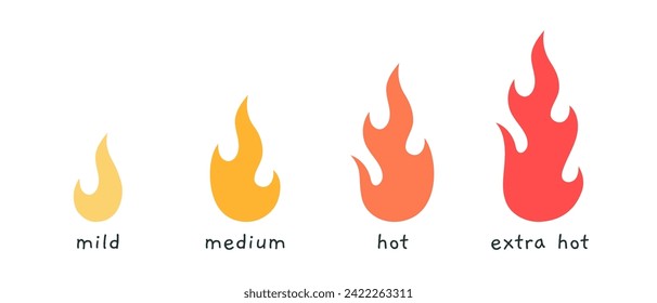 Hot level icons with fire flames, mild, medium and extra hot, cartoon style. Trendy modern vector illustration isolated on white background, hand drawn, flat design