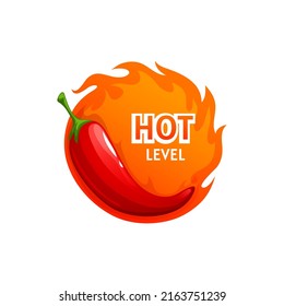 Hot level of mexico chili pepper spicy, orange burning fire round cartoon label. Vector scale of flavor of vegetarian cooking condiment spice. Flame and spanish fiery food, pepper spicy level scale