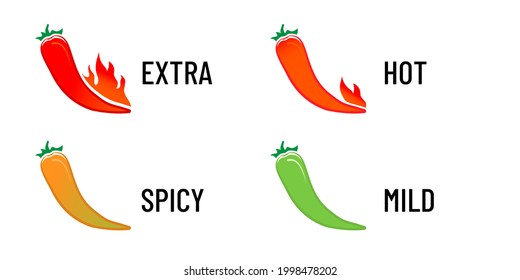 Hot levels. Extra spicy mild fast food indicators. Vector red chili pepper with fire icon. 