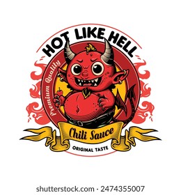 "Hot like Hell. Chili Sause. Original taste. Premium quality" - Sauce design label. Vector illustration in engraving technique of cute little horned devil with wings. 