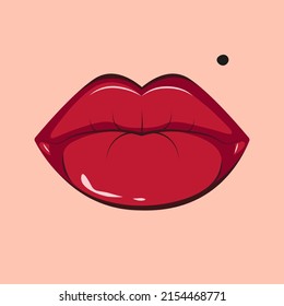 Hot lips with birthmark vector illustration. Lips kiss. Sexy red lipstick. Vector illustration with female mouth