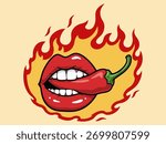 Hot Lips Biting Red Chili Pepper — Spicy Pop Art Vector with Flames