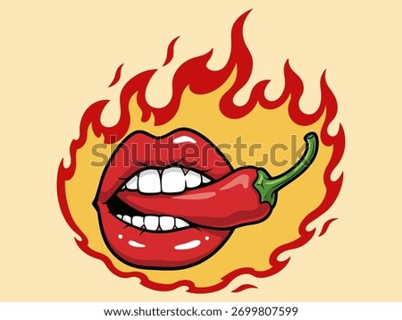 Hot Lips Biting Red Chili Pepper — Spicy Pop Art Vector with Flames