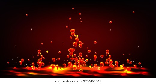 Hot liquid lava splash with flying red drops. Abstract background of seething molten magma surface with splatter. Orange fluid texture with rising bubbles, vector realistic illustration