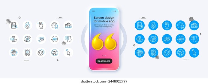 Hot loan, Cursor and Airplane mode line icons. Phone mockup with 3d quotation icon. Pack of Touchscreen gesture, Eco energy, Refund commission icon. Vector