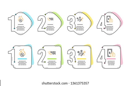 Hot loan, Education and Correct answer icons simple set. Private payment sign. Discount offer, Quick tips, Speed symbol. Secure finance. Technology set. Infographic timeline. Line hot loan icon