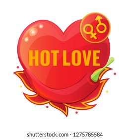 Hot Love concept with red pepper, shape of heart and symbols of different sex. Banner for Valentines Day, sex shop. Vector illustration.