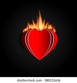 Hot Love, fire flame heart collage and heart on dark background
