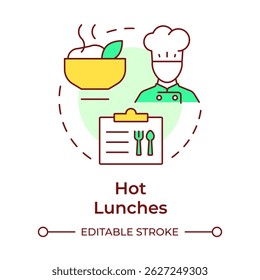 Hot lunches multi color concept icon. Culinary, cook. Food menu. Meal service, plan. Round shape line illustration. Abstract idea. Graphic design. Easy to use in article, infographic