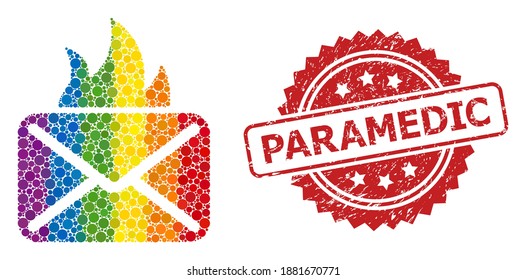 Hot mail collage icon of round items in various sizes and spectrum colored color hues, and Paramedic corroded rosette stamp seal. A dotted LGBT-colored Hot mail for lesbians, gays, transgenders,