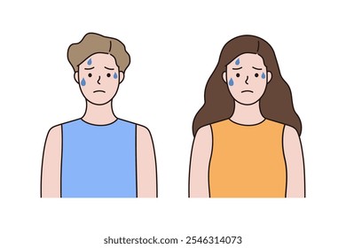 Hot man and woman character sweating in summer. Weather, climate, temperature, healthcare concepts. Colored outline vector design isolated illustration.
