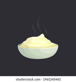 Hot mashed potato in bowl isolated realistic icon. Vector vegetarian food, streaming puree on white plate. Ready to eat mushed nutrition potato with milk or butter, Belarusian or Ukrainian cuisine