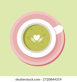 Dibujos animados de vista superior de latte matcha caliente. Cálido y delicioso té verde con leche. Linda y kawaii bebida