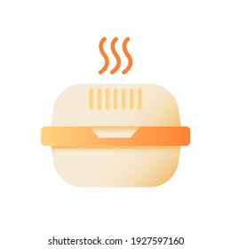 Hot meal takeout vector flat color icon. Burger take away. Cardboard box for fast food delivery. Cheeseburger package. Cartoon style clip art for mobile app. Isolated RGB illustration