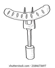 Salchichas de carne caliente con tenedor, que es un dibujo de bocetos de comida. Dibujo manual, ilustración de estilo de línea. Para la carne asada a la parrilla, barbacoa, restaurante y diseño de cafetería.