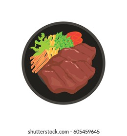 hot meat steak with potato, tomato and vegetable garnish on black plate with white background. vector illustration