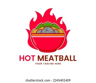 Hot meatball, noodle and vegetable with flame fire. Meatball logo cartoon. Food concept design. Asian traditional food. Isolated white background.