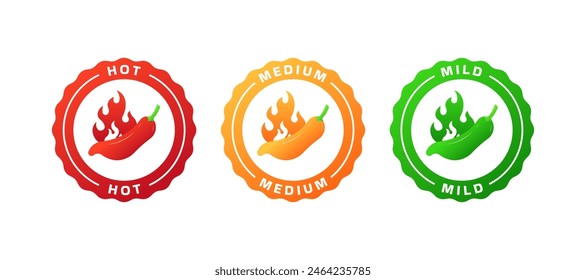 Hot, Medium and Mild Sharpness Icon. Pepper Spiciness Stamp. Flat Style. Vector icons