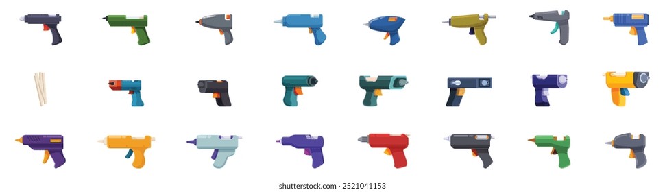 Hot melt glue icons set. Large set of glue gun icons showing different types for crafters and diy projects