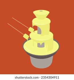 hot melt White chocolate fountain dessert or waterfall machine isolated flowing. tasty sweet slice marshmallow on a stick dipped on cheese or butter fondue vector flat design. candy shop illustration