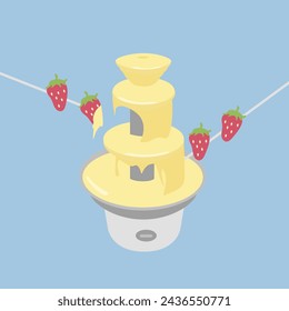 hot melt White chocolate fountain dessert or waterfall machine isolated flowing. tasty sweet slice strawberry on a stick dipped on cheese or butter fondue vector flat design. candy shop illustrationho