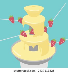 hot melt White chocolate fountain dessert or waterfall machine isolated flowing. tasty sweet slice strawberry on a stick dipped on cheese or butter fondue vector flat design. candy shop illustration