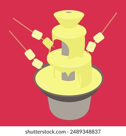 hot melt White chocolate fountain dessert or waterfall machine isolated flowing. tasty sweet slice marshmallow on a stick dipped on cheese or butter fondue vector flat design. candy shop illustration