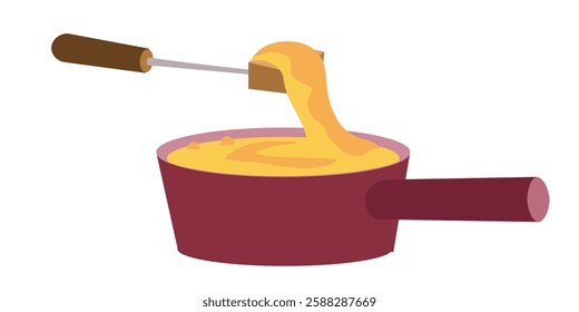 Hot melted cheese fondue in pot. Food and traditional cuisine. Symbols and isolated vector illustration on white background. 