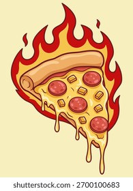 Fatia de pizza quente derretendo no fogo - Ilustração de desenho animado fast food