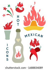 Hot Mexican icons. Burning drinks and red chili peppers. Abstract tequila bottle, shot, fireworks and flaming sombrero. Vector illustration.