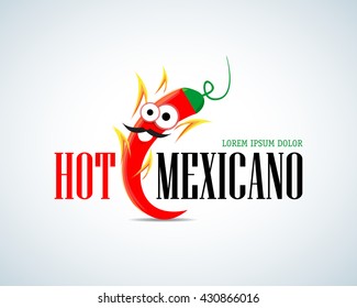 Hot Mexicano Chili Pepper Cartoon Mascot Logo template. Mexican Fast food logotype template. Isolated vector illustration.