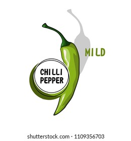 Hot mild green chilli pepper with shadow vector isolated on white background. Hot spices.