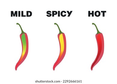 Hot, mild, spicy level labels of vector jalapeno, chili, cayenne peppers with fire flames. Spicy food or sauce taste scale indicators, green, red, yellow rating signs for both, extra and mild taste.