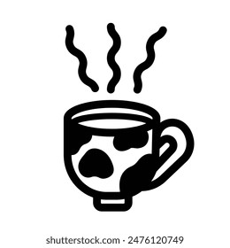 Hot milk beverage drinks in mug with cow pattern design icon illustration with black outline isolated on square white background. Simple flat cartoon art styled drawing.