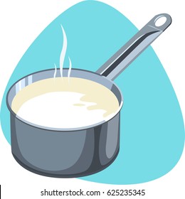 Hot milk in saucepan. Deep cooking pan with handle. Isolated. On blue background.