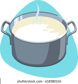 Hot milk in stainless pot with handles. Isolated. On blue background.