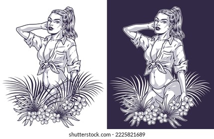 Hot millennial girl logotype monochrome with woman standing among tropical leaves in panties and knotted shirt, beach looks vector illustration