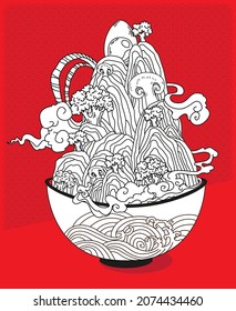hot mountain of noodles with egg, onion and broccoli