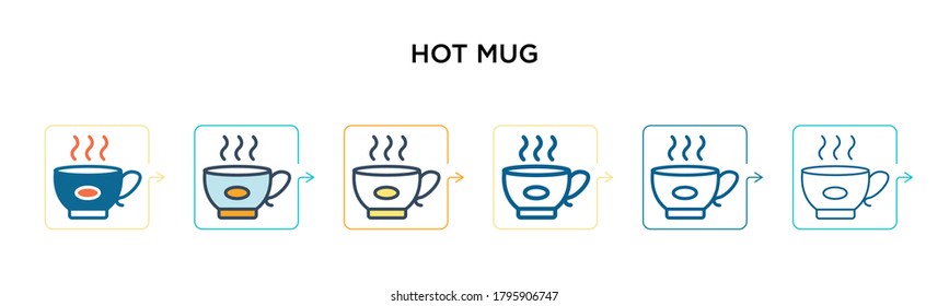 Hot mug vector icon in 6 different modern styles. Black, two colored hot mug icons designed in filled, outline, line and stroke style. Vector illustration can be used for web, mobile, ui