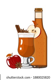 Hot Mulled Apple Cider Ale Or Punch Ready To Drink. Winter Warming Cocktail. Vector Illustration Of Alchohol Drink In Flat Style On White Background