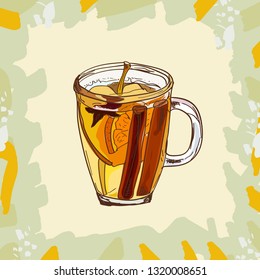 Hot Mulled Apple Cider classic cocktail illustration collection. Alcoholic cocktails hand drawn vector illustration set. Bar warm seasonnal winter drink classic sketch image. Menu item image vector.