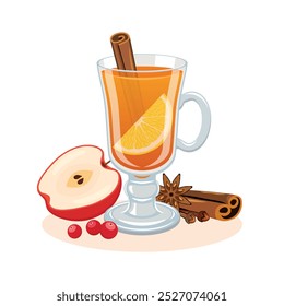 Sidra de manzana caliente con limón, canela y Ilustración vectorial de anís estrellado. Bebida caliente del invierno con el Vector del icono de la fruta y de las especias aislado en un fondo blanco. Vidrio de dibujo de sidra de manzana caliente