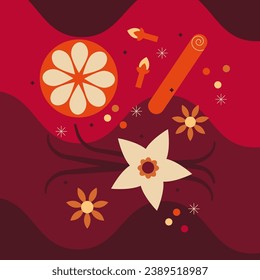 Hot mulled wine abstract background. Autumn and winter cocktail. Warm drink, vanilla, orange, clove, star anise. Winter drink vector illustration. Flat trendy style. Abstract composition in red color.