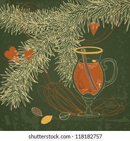 Hot mulled wine and christmas tree