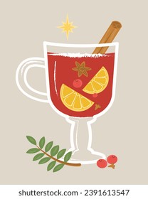 Hot mulled wine with cinnamon and orange. Cozy vector illustration of hot wine