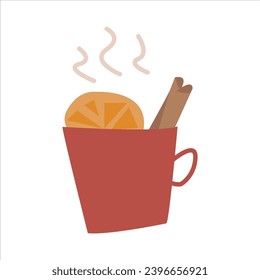 Vino caliente con canela y naranja. Acogedora ilustración vectorial del vino caliente. Plano
