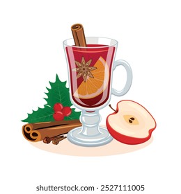 Heißer Glühwein mit Zimt, Sternanis, Apfel und holliger Vektorgrafik. Heißes Wintergetränk mit Obst und Gewürzen, Symbolvektor einzeln auf weißem Hintergrund. Glas aus Glühweinzeichnung